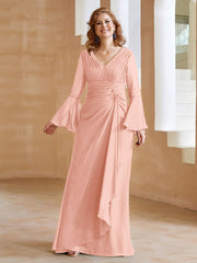 Robe en Mousseline de A-ligne à Col en V avec Manches Longues Longueur au Sol Corail Grande Taille