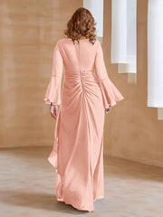Robe en Mousseline de A-ligne à Col en V avec Manches Longues Longueur au Sol Corail Grande Taille