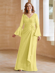 Robe en Mousseline de A-ligne à Col en V avec Manches Longues Longueur au Sol Jonquille
