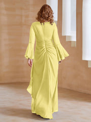 Robe en Mousseline de A-ligne à Col en V avec Manches Longues Longueur au Sol Jonquille