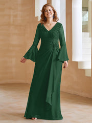 Robe en Mousseline de A-ligne à Col en V avec Manches Longues Longueur au Sol Vert Foncé