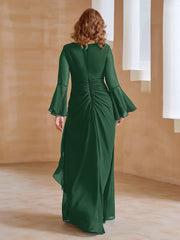 Robe en Mousseline de A-ligne à Col en V avec Manches Longues Longueur au Sol Vert Foncé