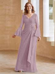 Robe en Mousseline de A-ligne à Col en V avec Manches Longues Longueur au Sol Dusk Grande Taille