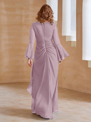 Robe en Mousseline de A-ligne à Col en V avec Manches Longues Longueur au Sol Dusk Grande Taille