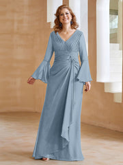 Robe en Mousseline de A-ligne à Col en V avec Manches Longues Longueur au Sol Bleu Poudré Grande Taille