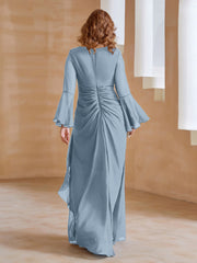 Robe en Mousseline de A-ligne à Col en V avec Manches Longues Longueur au Sol Bleu Poudré