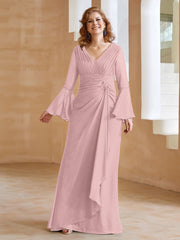 Robe en Mousseline de A-ligne à Col en V avec Manches Longues Longueur au Sol Rose Poudré