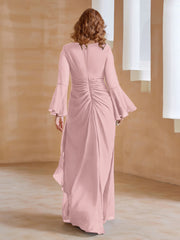 Robe en Mousseline de A-ligne à Col en V avec Manches Longues Longueur au Sol Rose Poudré