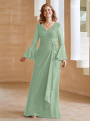 Robe en Mousseline de A-ligne à Col en V avec Manches Longues Longueur au Sol Sauge Poudrée Grande Taille