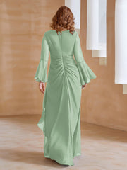 Robe en Mousseline de A-ligne à Col en V avec Manches Longues Longueur au Sol Sauge Poudrée Grande Taille