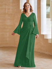 Robe en Mousseline de A-ligne à Col en V avec Manches Longues Longueur au Sol Emeraude