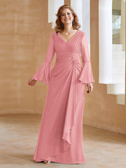 Robe en Mousseline de A-ligne à Col en V avec Manches Longues Longueur au Sol Flamant
