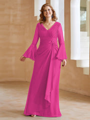Robe en Mousseline de A-ligne à Col en V avec Manches Longues Longueur au Sol Fuchsia Grande Taille