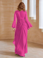 Robe en Mousseline de A-ligne à Col en V avec Manches Longues Longueur au Sol Fuchsia Grande Taille
