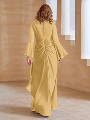 Robe en Mousseline de A-ligne à Col en V avec Manches Longues Longueur au Sol Or Grande Taille