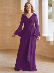 Robe en Mousseline de A-ligne à Col en V avec Manches Longues Longueur au Sol Raisin Grande Taille
