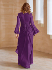 Robe en Mousseline de A-ligne à Col en V avec Manches Longues Longueur au Sol Raisin Grande Taille