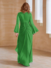 Robe en Mousseline de A-ligne à Col en V avec Manches Longues Longueur au Sol Vert Grande Taille