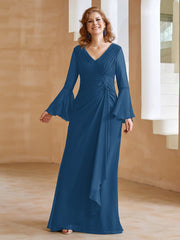 Robe en Mousseline de A-ligne à Col en V avec Manches Longues Longueur au Sol Bleu Encre