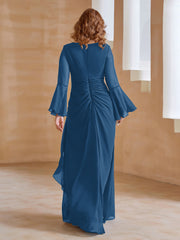 Robe en Mousseline de A-ligne à Col en V avec Manches Longues Longueur au Sol Bleu Encre Grande Taille