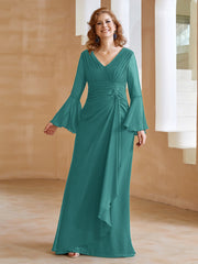 Robe en Mousseline de A-ligne à Col en V avec Manches Longues Longueur au Sol Jade