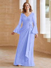 Robe en Mousseline de A-ligne à Col en V avec Manches Longues Longueur au Sol Lavande Grande Taille