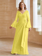 Robe en Mousseline de A-ligne à Col en V avec Manches Longues Longueur au Sol Citron Grande Taille