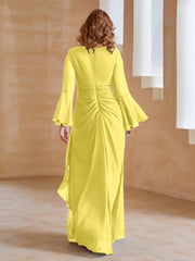 Robe en Mousseline de A-ligne à Col en V avec Manches Longues Longueur au Sol Citron Grande Taille