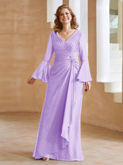 Robe en Mousseline de A-ligne à Col en V avec Manches Longues Longueur au Sol Lilas Grande Taille