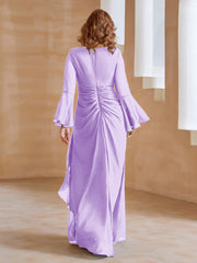 Robe en Mousseline de A-ligne à Col en V avec Manches Longues Longueur au Sol Lilas Grande Taille