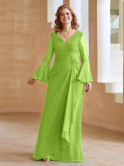 Robe en Mousseline de A-ligne à Col en V avec Manches Longues Longueur au Sol Vert Citron Grande Taille