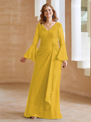 Robe en Mousseline de A-ligne à Col en V avec Manches Longues Longueur au Sol Souci Grande Taille