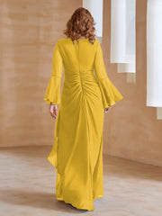 Robe en Mousseline de A-ligne à Col en V avec Manches Longues Longueur au Sol Souci Grande Taille