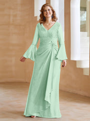 Robe en Mousseline de A-ligne à Col en V avec Manches Longues Longueur au Sol Vert Menthe Grande Taille