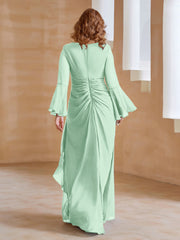 Robe en Mousseline de A-ligne à Col en V avec Manches Longues Longueur au Sol Vert Menthe Grande Taille