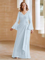 Robe en Mousseline de A-ligne à Col en V avec Manches Longues Longueur au Sol Brume Grande Taille