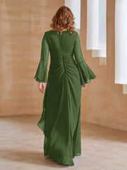 Robe en Mousseline de A-ligne à Col en V avec Manches Longues Longueur au Sol Mousse Grande Taille