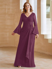 Robe en Mousseline de A-ligne à Col en V avec Manches Longues Longueur au Sol Mûre Grande Taille