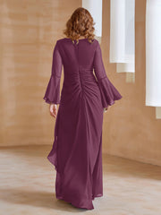 Robe en Mousseline de A-ligne à Col en V avec Manches Longues Longueur au Sol Mûre Grande Taille