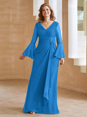 Robe en Mousseline de A-ligne à Col en V avec Manches Longues Longueur au Sol Bleu Océan Grande Taille