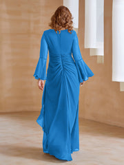 Robe en Mousseline de A-ligne à Col en V avec Manches Longues Longueur au Sol Bleu Océan
