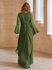 Robe en Mousseline de A-ligne à Col en V avec Manches Longues Longueur au Sol Olive Verte Grande Taille