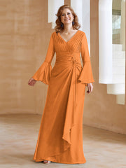 Robe en Mousseline de A-ligne à Col en V avec Manches Longues Longueur au Sol Orange Grande Taille