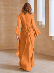 Robe en Mousseline de A-ligne à Col en V avec Manches Longues Longueur au Sol Orange Grande Taille