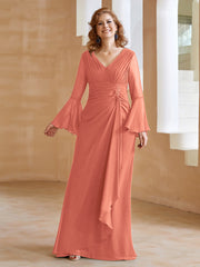 Robe en Mousseline de A-ligne à Col en V avec Manches Longues Longueur au Sol Papaye