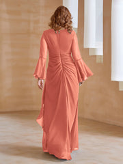 Robe en Mousseline de A-ligne à Col en V avec Manches Longues Longueur au Sol Papaye