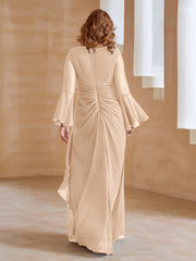 Robe en Mousseline de A-ligne à Col en V avec Manches Longues Longueur au Sol Pêche Grande Taille