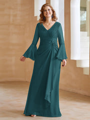 Robe en Mousseline de A-ligne à Col en V avec Manches Longues Longueur au Sol Paon