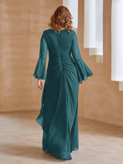 Robe en Mousseline de A-ligne à Col en V avec Manches Longues Longueur au Sol Paon