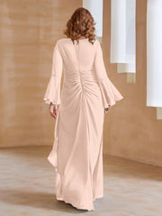 Robe en Mousseline de A-ligne à Col en V avec Manches Longues Longueur au Sol Rose Perle Grande Taille